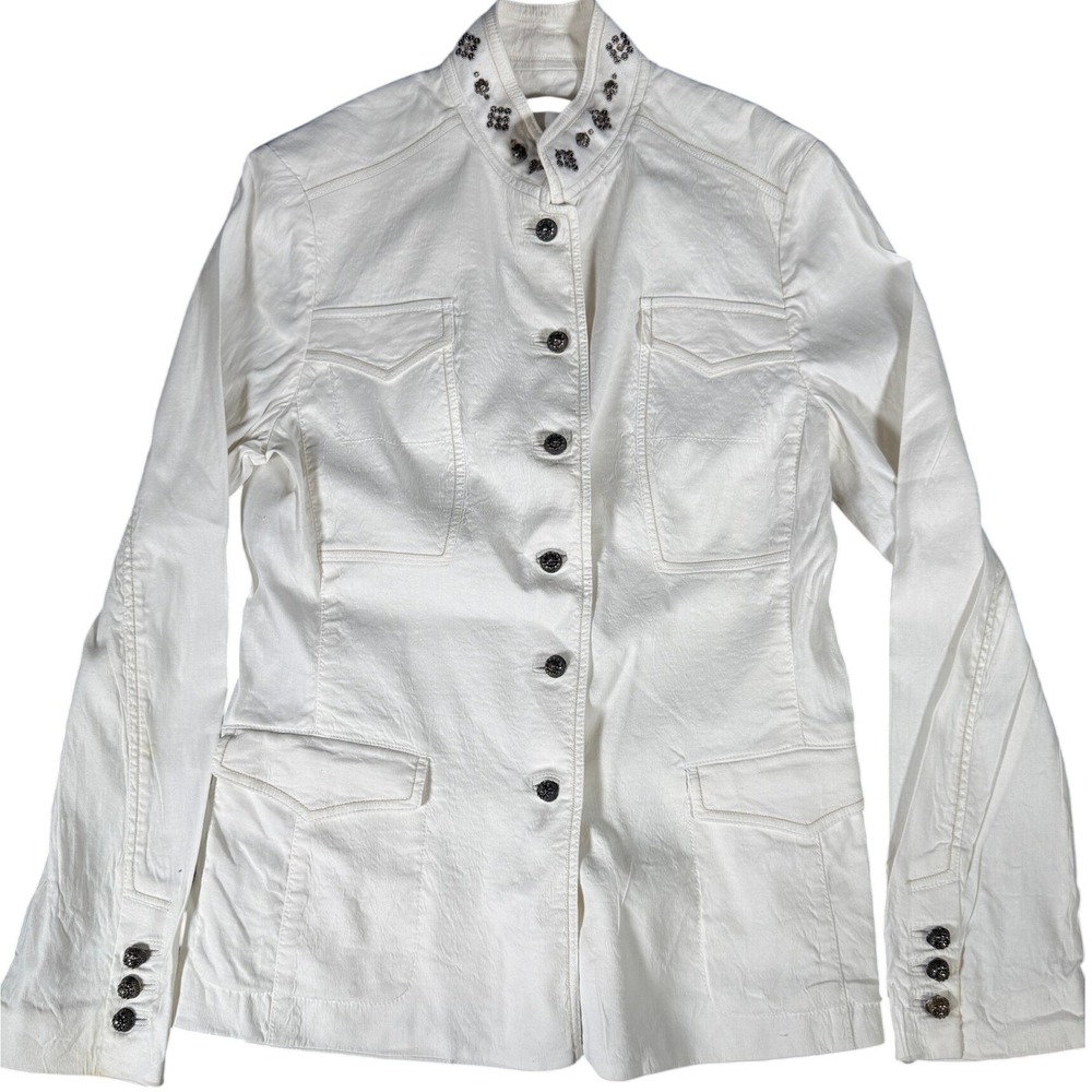 Elie Tahari White Linen Blend Beaded Collar Utility Jacket E04NR115‎ Size 4
